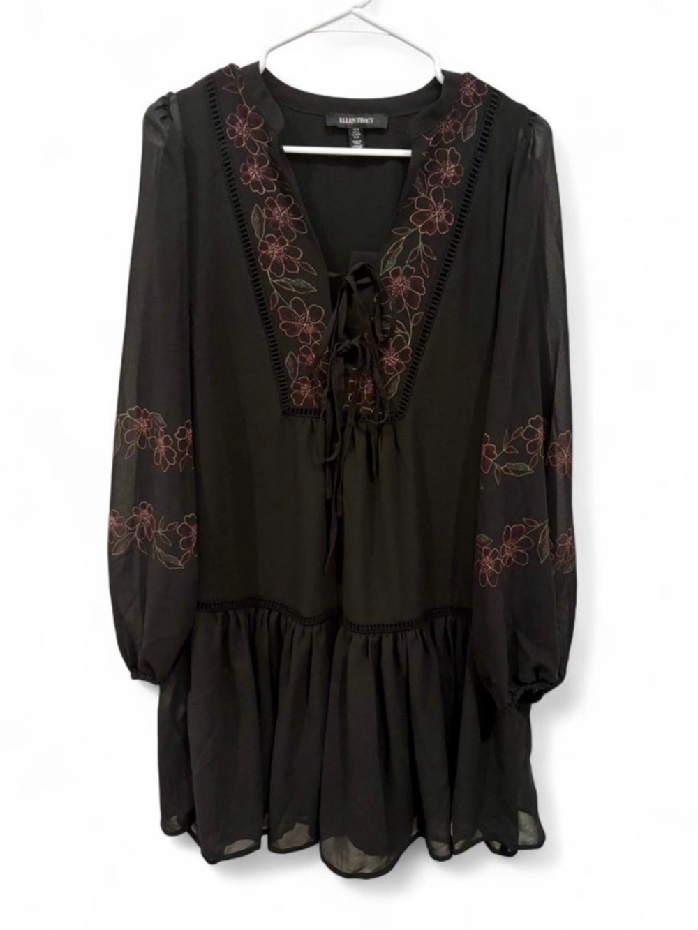 NWT Ellen Tracy Black Chiffon Knee Length Floral Tie Front Shift Dress Medium